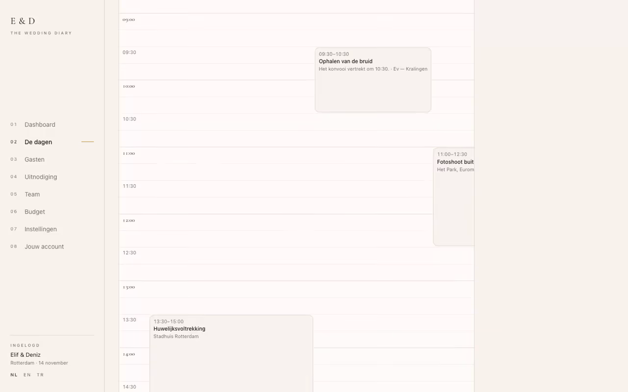 Screen recording of the day board of example wedding Elif & Deniz: the düğün day with its time blocks, team and planning.