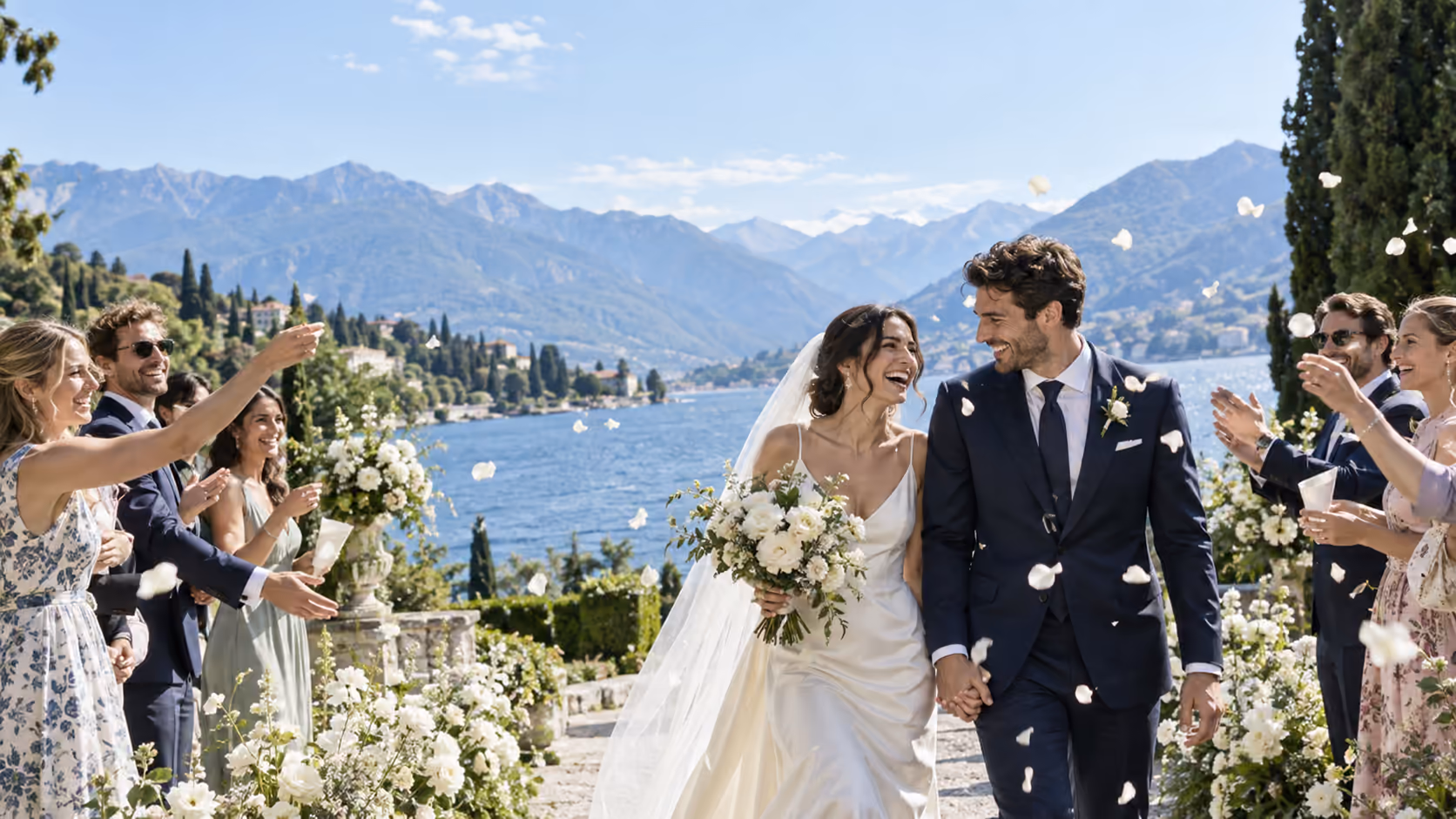Newlyweds walking out into a lakeside garden celebration, guests cheering at the edges