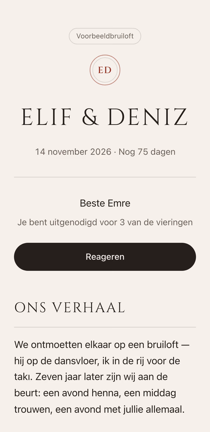 The real invitation page in the Mühür design, photographed on example wedding Elif & Deniz.