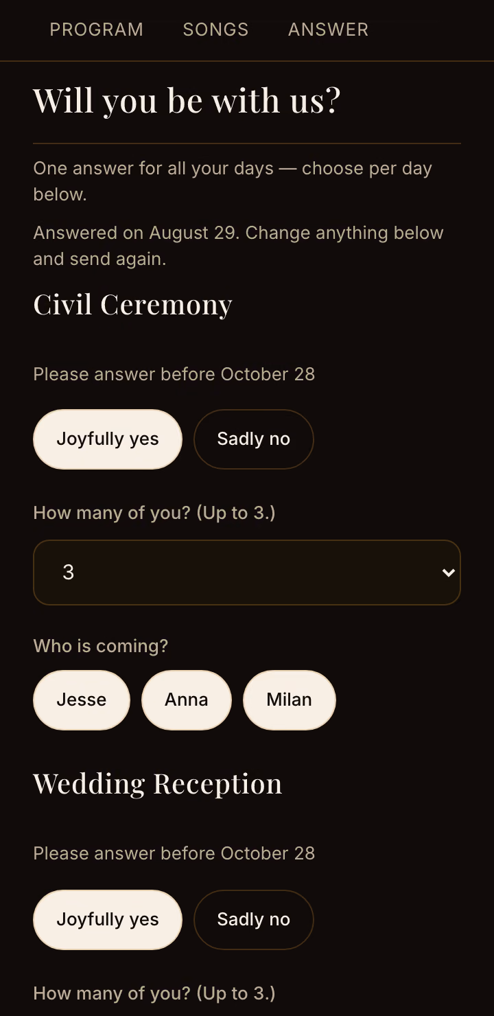 The answer section of the same wedding: each day with yes or no, how many are coming, and the household’s names.