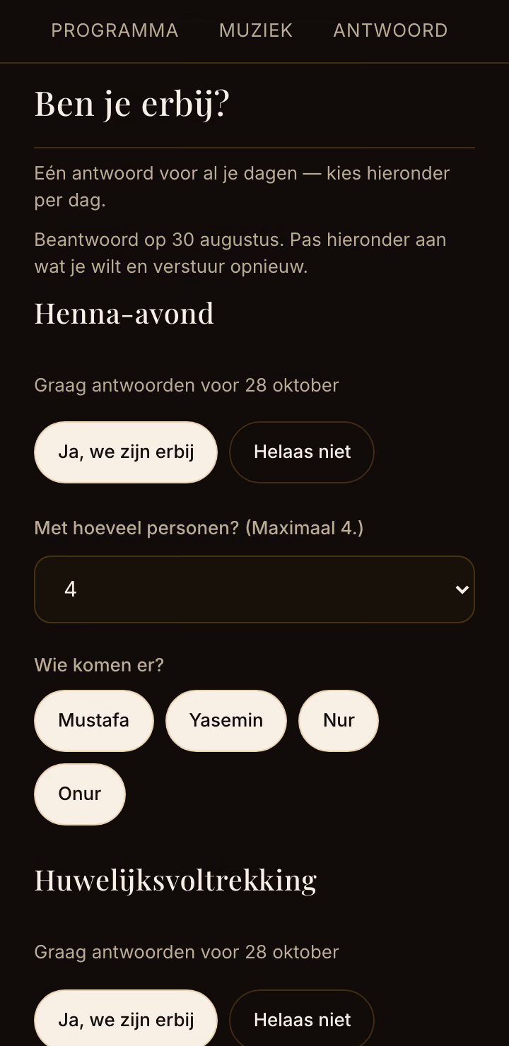 Het antwoorddeel van dezelfde bruiloft: elke dag met ja of nee, met hoeveel personen, en de namen van het huishouden.