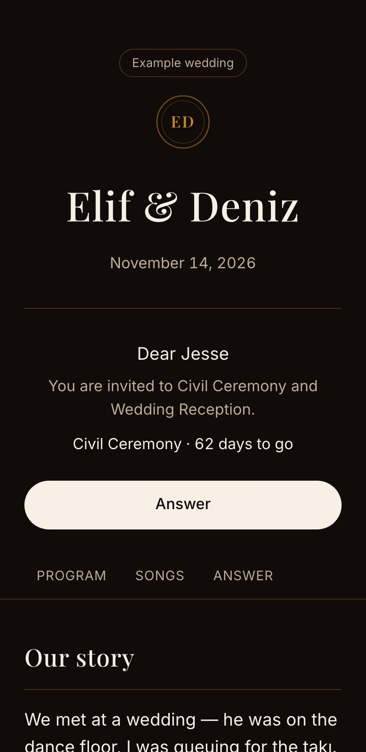 The invitation of the example wedding Elif & Deniz on a phone, as a guest opens it: the names, the days they are invited to and the Answer button.
