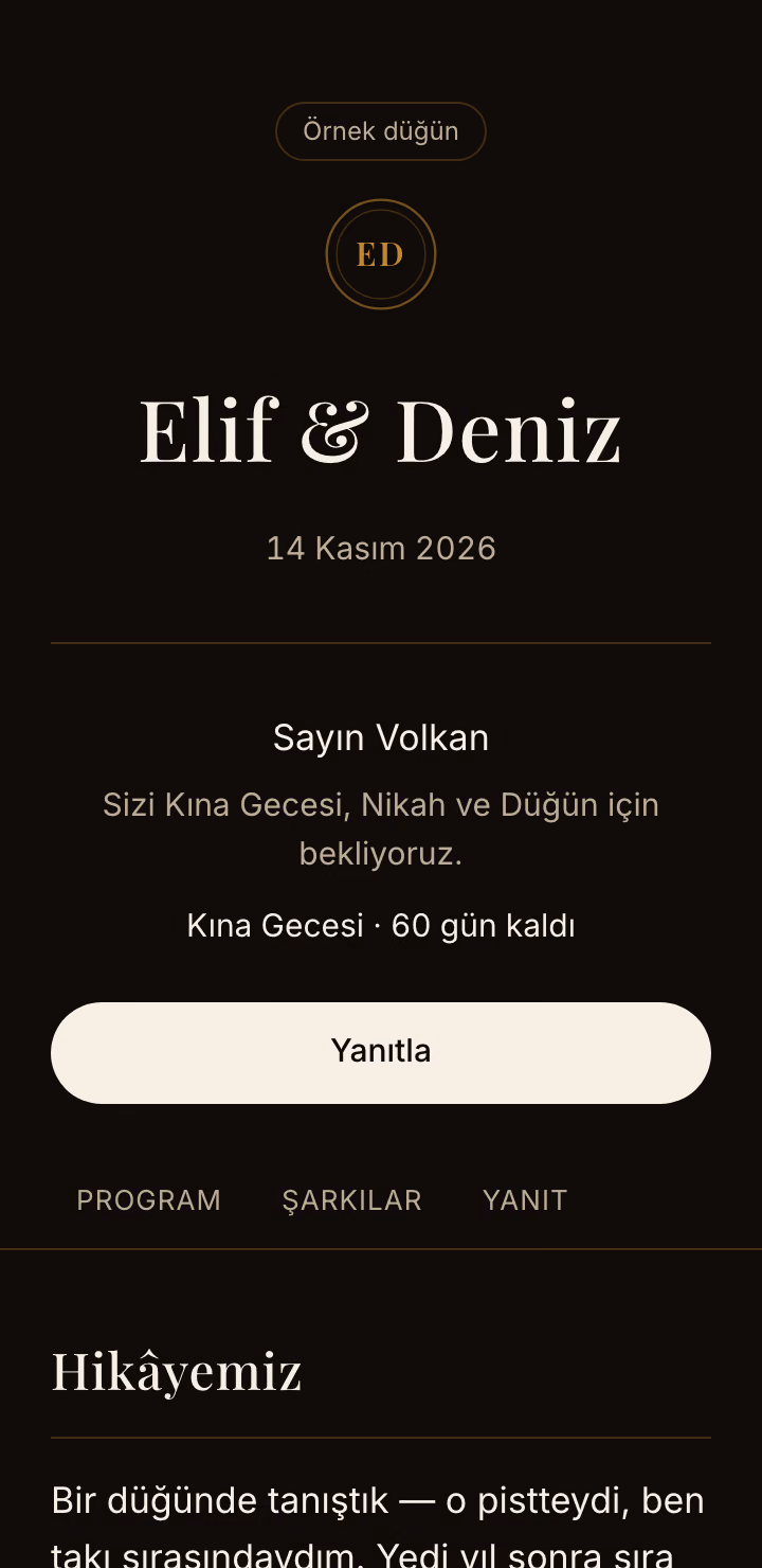 Örnek düğün Elif & Deniz’in davetiyesi bir telefonda, misafirin açtığı hâliyle: isimler, günler ve Yanıtla düğmesi.