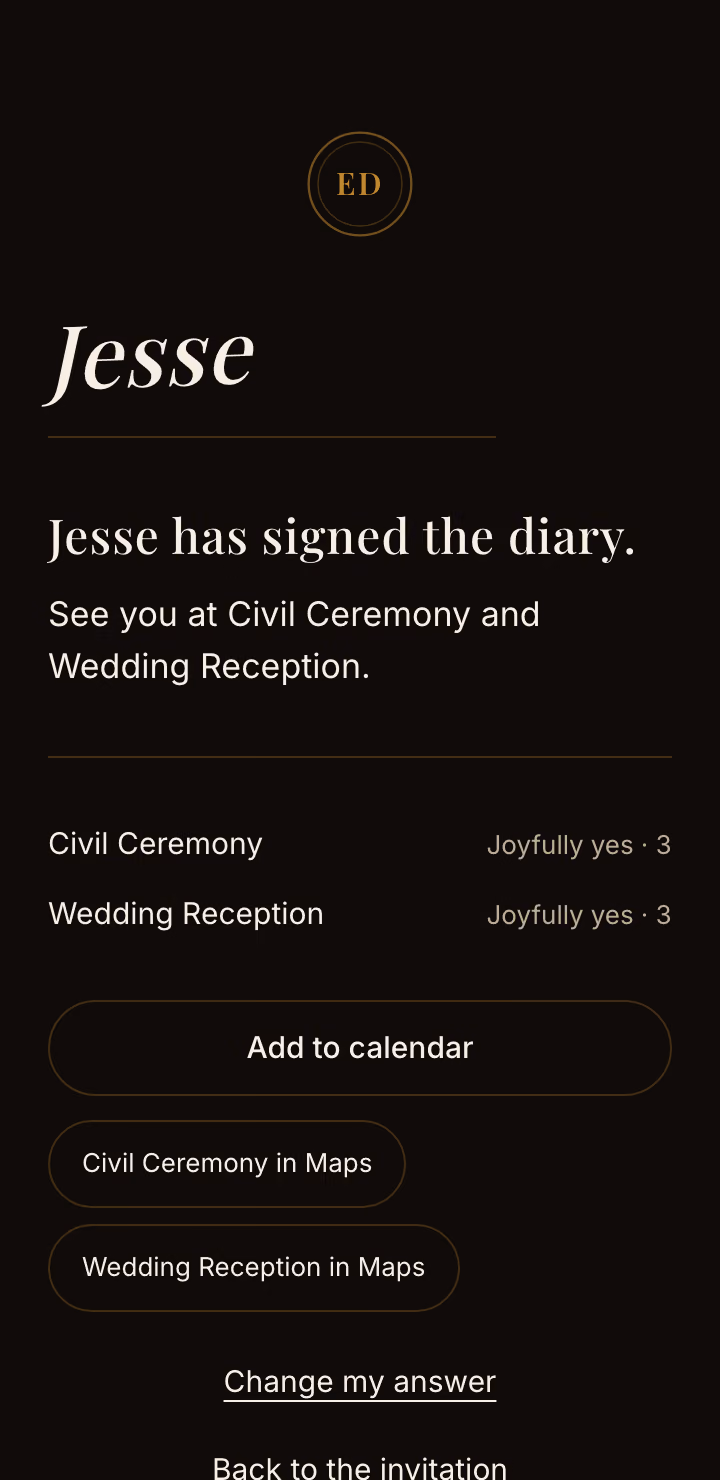 The page after sending: the guest’s name signed, the answer per day and Add to calendar.