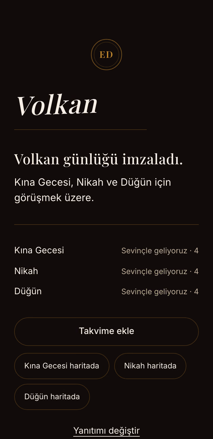 Gönderdikten sonraki sayfa: misafirin imzalı adı, gün gün yanıt ve Takvime ekle.