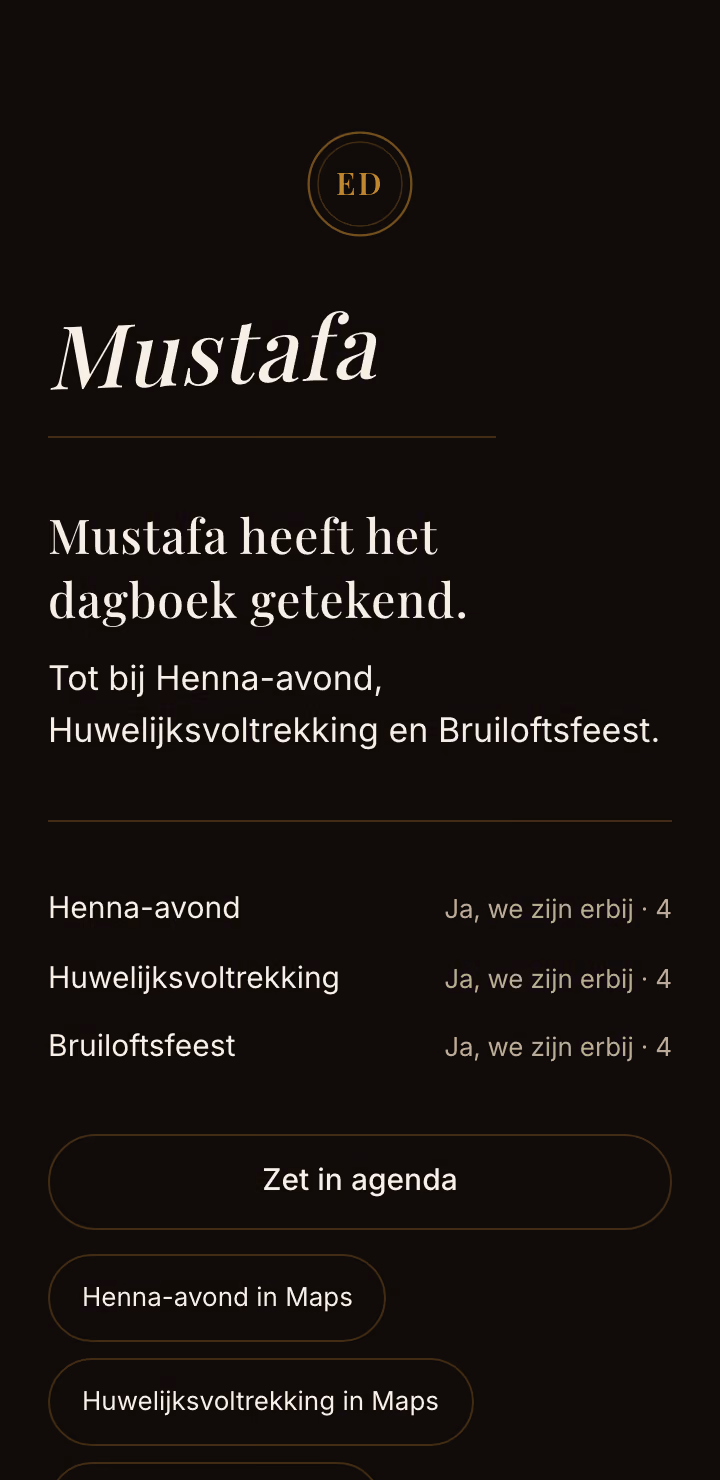 De pagina na het versturen: de naam van de gast getekend, het antwoord per dag en Zet in agenda.