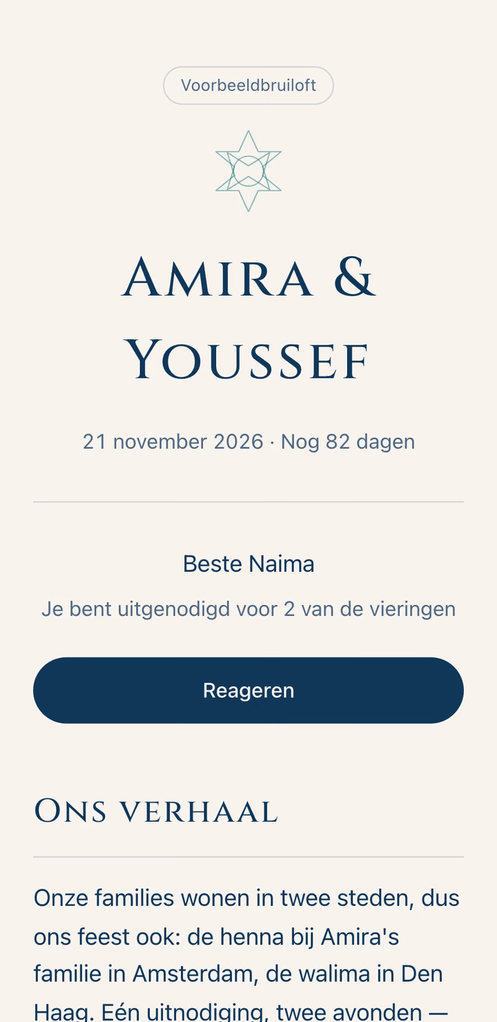 The real invitation page of example wedding Amira & Youssef in the Zellige design, label on the page.