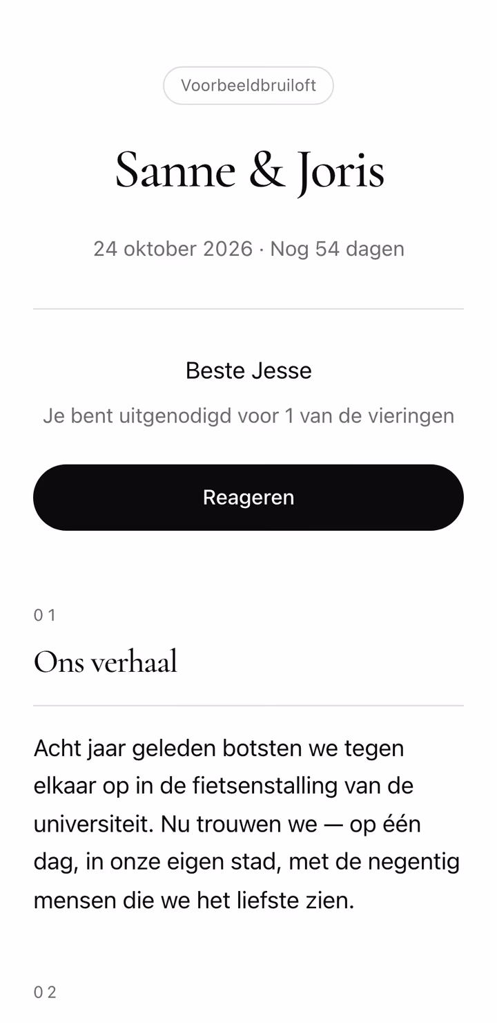 The real invitation page of example wedding Sanne & Joris in the Editorial design, label on the page.